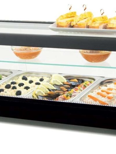 Vitrina refrigerada de tapas triple piso 6 bandejas GN1/3-40 color negro dim.1456x390x376h mm línea Badajoz 6VTG TRIPLE-NE