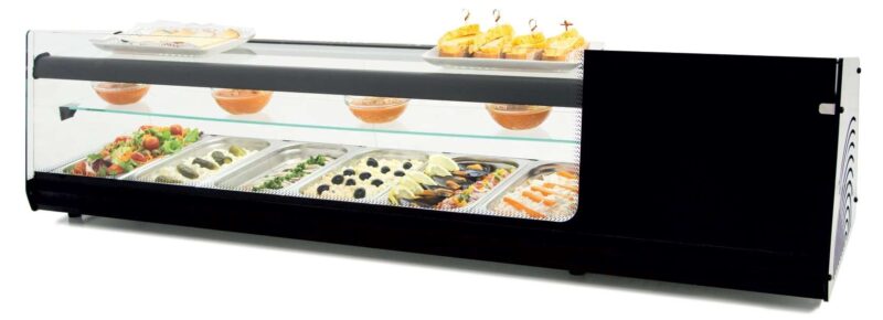 Vitrina refrigerada de tapas triple piso 6 bandejas GN1/3-40 color negro dim.1456x390x376h mm línea Badajoz 6VTG TRIPLE-NE
