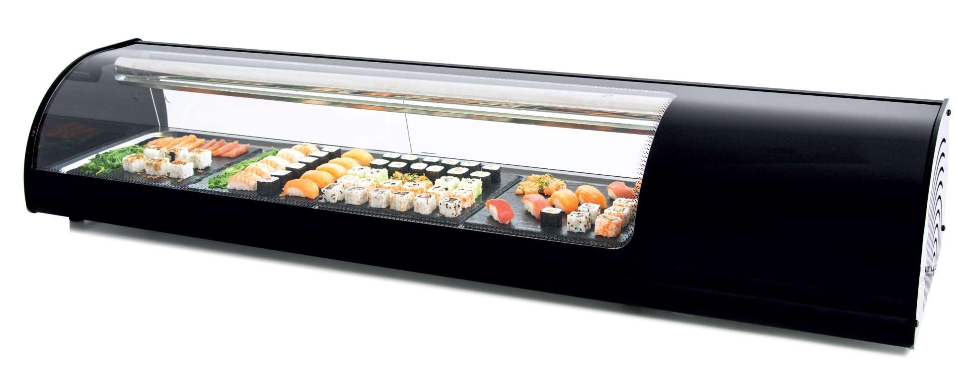 Vitrina refrigerada de tapas Sushi placa lisa color negro dim.1808x390x287h mm línea Badajoz 8VTL SUSHI-NE