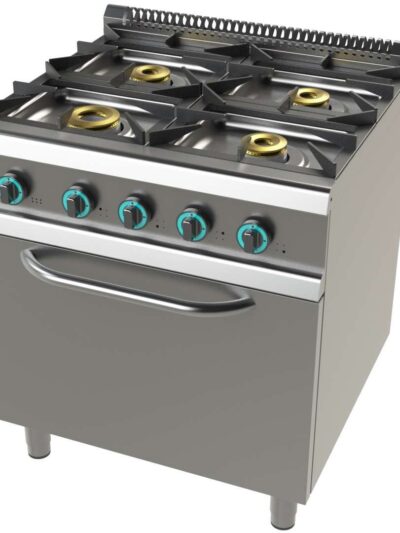 Cocina a gas con horno GN2/1 de 4 fuegos 8+4,5+6+6 Kw SerIe 700 JUNEX con medidas 800x730x900h mm FO7N401