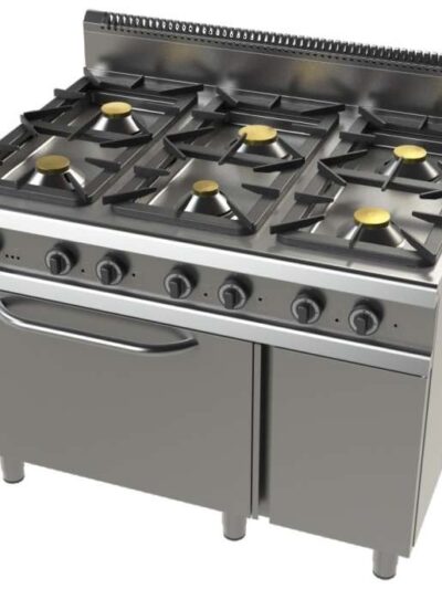Cocina a gas con horno GN2/1 de 6 fuegos 2x8,3+4,3+2x10 Kw Serie 900 JUNEX con medidas 1200x900x900h mm F09C601