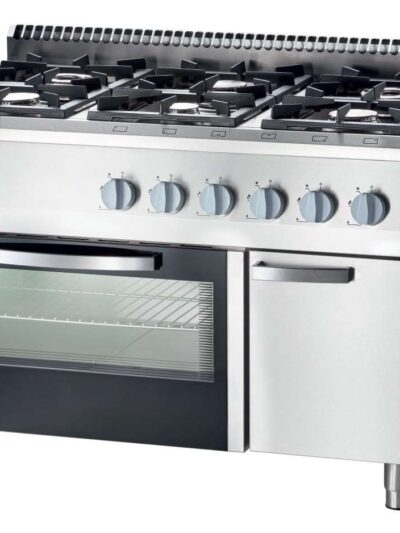 Cocina a gas con horno a gas GN2/1 6 fuegos 1200x700x850h mm 3,5+3x5+2x7 Kw Línea Varsovia