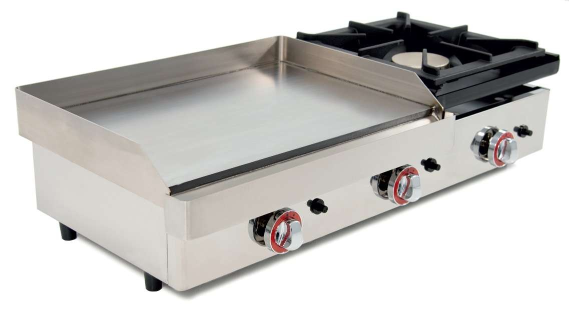 Plancha a Gas Acero Rectificado con Fogón 6Kw pot.6,4+6Kw dim.1010x457x240h mm línea Badajoz 100PGRF