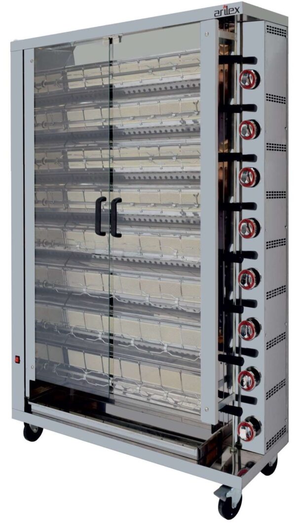 Asador de Pollos a Gas dim.1160x450x1650h mm 8 espadas Línea Badajoz 8ASG (espadas no incluidas)