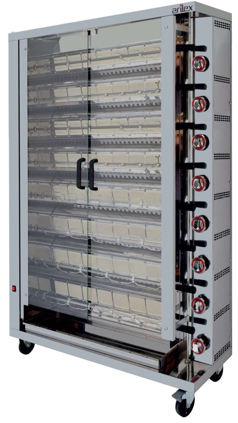 Asador de Pollos a Gas dim.1160x450x1650h mm 8 espadas Línea Badajoz 8ASG (espadas no incluidas)