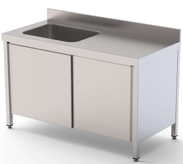 Mesa de Trabajo Acero Inoxidable Mural Con Puertas y Con Cubeta a la Izquierda 1500x600x850h mm WTW16015LBSD