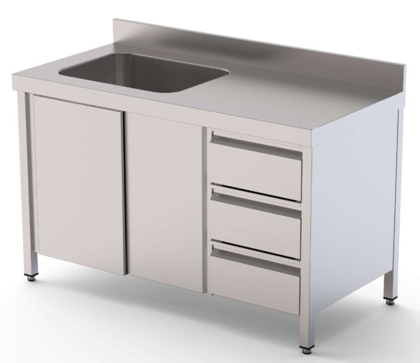 Mesa de Trabajo Acero Inoxidable Mural Con Puertas y Con Cubeta a la Derecha y Cajones 1400x600x850h mm WTW16014RBSDDL