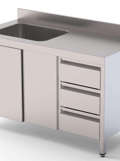 Mesa de Trabajo Acero Inoxidable Mural Con Puertas y Con Cubeta a la Izquierda y Cajones 1600x600x850h mm WTW16016LBSDDR