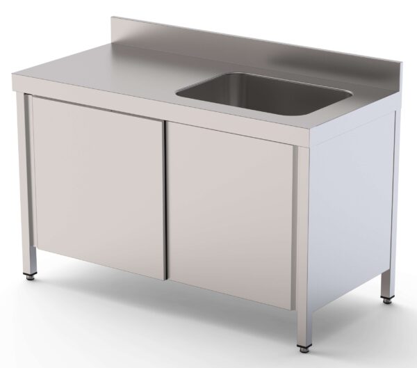 Mesa de Trabajo Acero Inoxidable Mural Con Puertas y Con Cubeta a la Derecha 2200x700x850h mm WTW17022RBSD