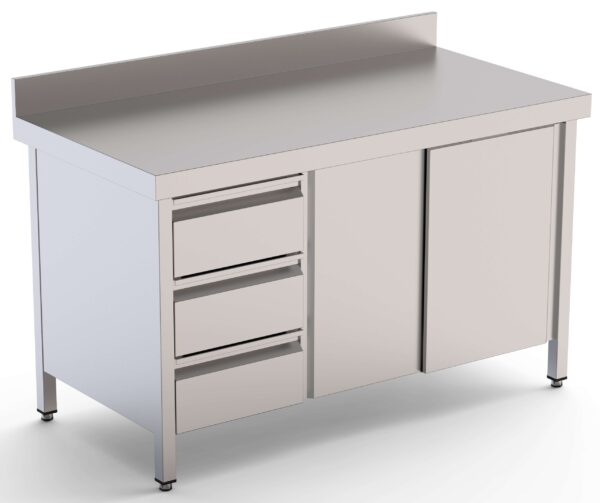 Mesa de Trabajo Acero Inoxidable Mural Con Cajones a la Izquierda 1600x700x850h mm WTW17016DDL