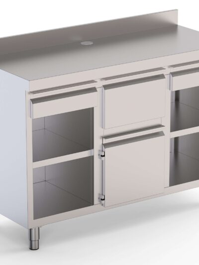 Mueble Cafetero Acero Inoxidable Con Tolva Central, 2 Estante, 1 Puerta y 2 Cajones 2000x600x1050h mm CST60200D2S