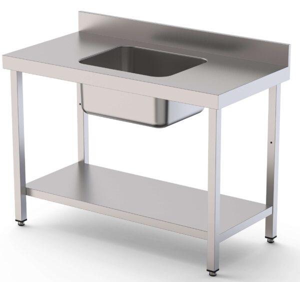 Mesa de Trabajo Acero Inoxidable Mural Con Estante y Con Cubeta Central 1600x600x850h mm WTW16016CB1