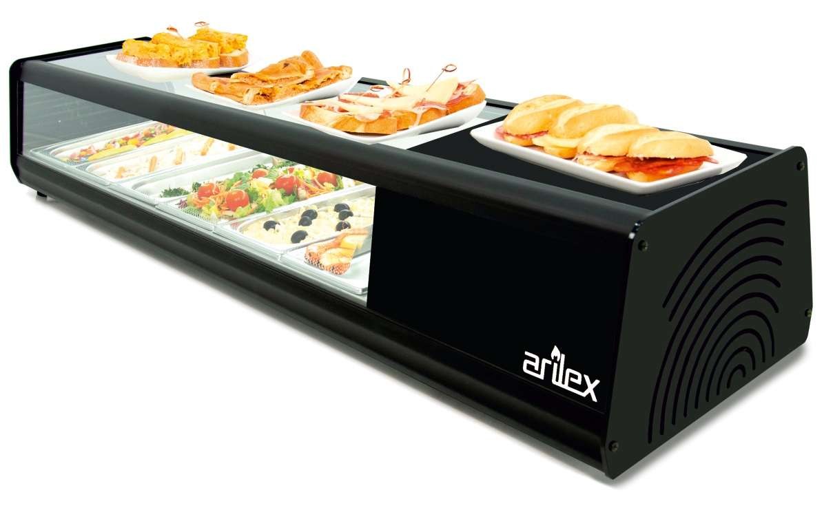 Vitrina refrigerada de tapas placa lisa color negro dim. 1456x390x287h mm línea Badajoz 6VTL PLANA-NE