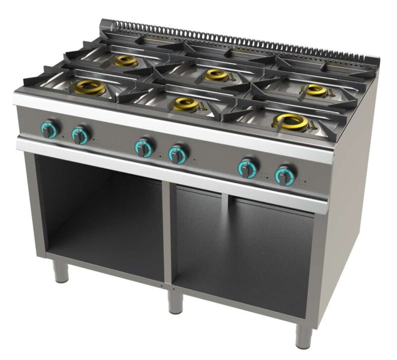 Cocina a gas con mueble de 6 fuegos 2×8+4,5+3×6 Kw SerIe 700 JUNEX con medidas 1200x730x900h mm FO7N600