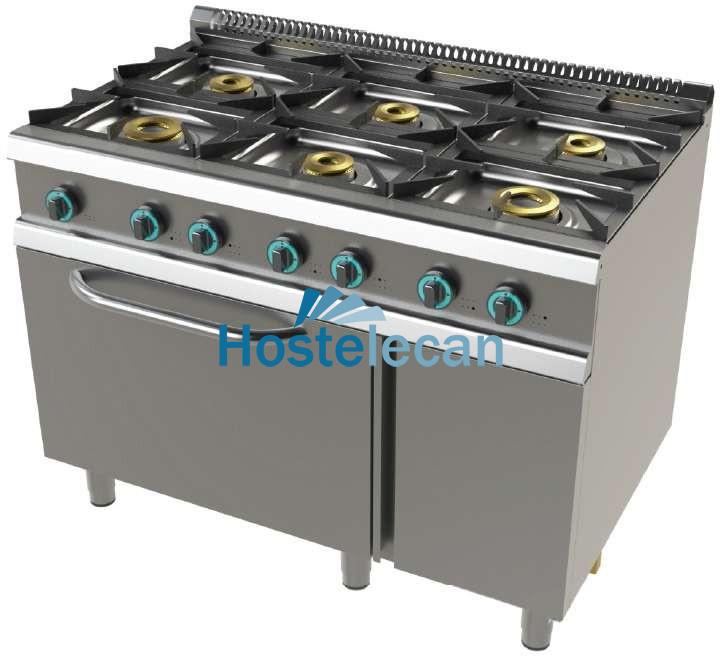 Cocina a gas con horno GN2/1 de 6 fuegos 2×8+4,5+3×6 Kw SerIe 700 JUNEX con medidas 1200x730x900h mm FO7N601