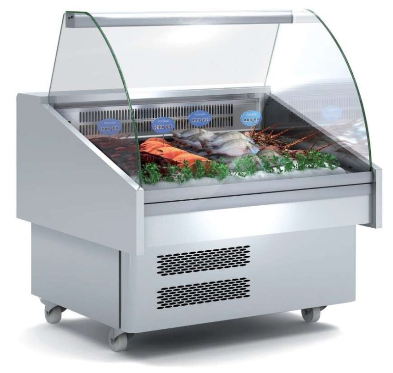 Vitrina Expositora Refrigerada Pescado / Marisco evaporador estático más placa fría dim.1285x915x1185h mm Línea Córdoba EEC-130-CC-EF Vitrina Expositora Refrigerada Pescado / Marisco evaporador estático más placa fría dim.1285x915x1185h mm Línea Córdoba EEC-130-CC-EF
