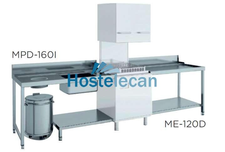 Mesa de prelavado entrada izquierda dim.1600x750x850h con estante con aro desbarazado mm MPD-160I