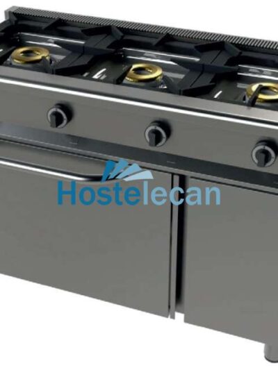 Cocina a gas con horno GN1/1 4,5Kw, 3 fuegos 8+8+8 Kw SerIe 550 JUNEX con medidas 1200x550x850h mm 6301/1