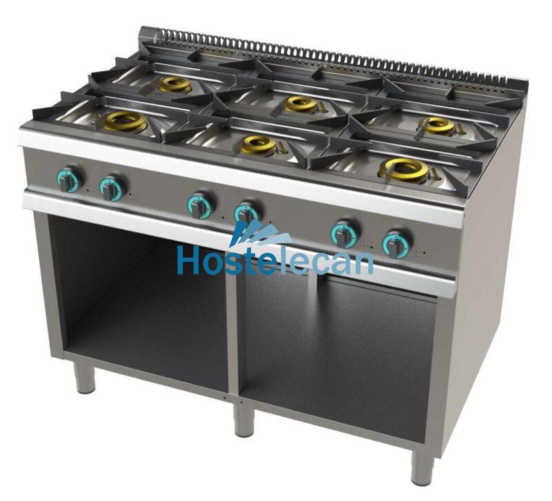 Cocina a gas con mueble de 6 fuegos 2×8+4,5+3×6 Kw SerIe 700 JUNEX con medidas 1200x730x900h mm FO7N600