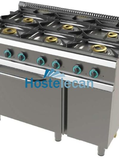 Cocina a gas con horno GN2/1 de 6 fuegos 2x8+4,5+3x6 Kw SerIe 700 JUNEX con medidas 1200x730x900h mm FO7N601