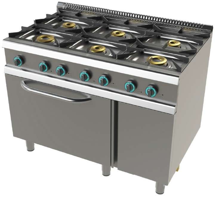 Cocina a gas con horno GN2/1 de 6 fuegos 2×8+4,5+3×6 Kw SerIe 700 JUNEX con medidas 1200x730x900h mm FO7N601