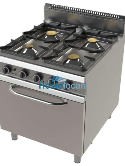 Cocina a gas con horno GN2/1 de 4 fuegos 4,3+8,3+10+8,3 Kw Serie 900 JUNEX con medidas 800x900x900h mm FO9C401