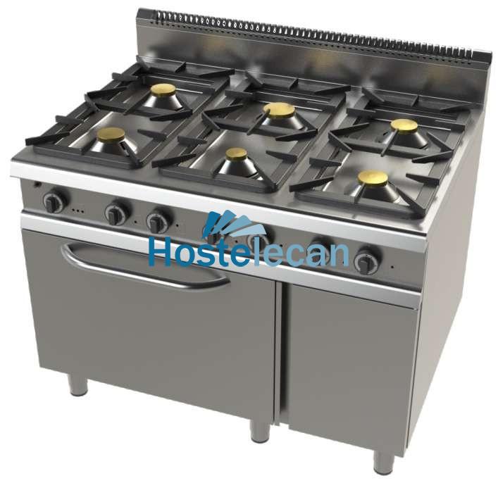 Cocina a gas con mueble de 6 fuegos 2×8,3+4,3+2×10 Kw Serie 900 JUNEX con medidas 1200x900x900h mm FO9C600