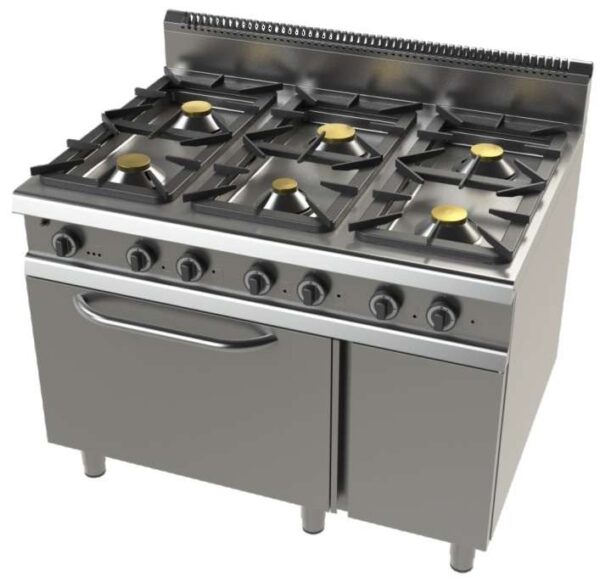 Cocina a gas con mueble de 6 fuegos 2x8,3+4,3+2x10 Kw Serie 900 JUNEX con medidas 1200x900x900h mm FO9C600