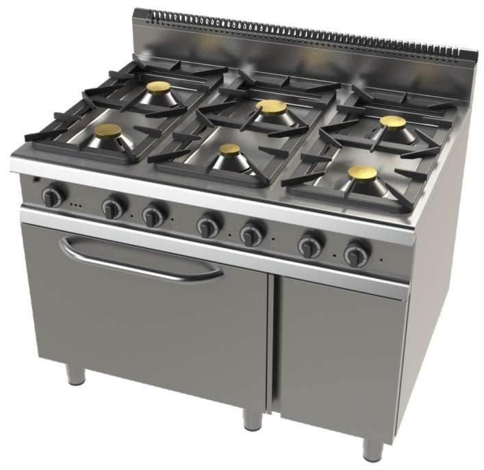 Cocina a gas con mueble de 6 fuegos 2×8,3+4,3+2×10 Kw Serie 900 JUNEX con medidas 1200x900x900h mm FO9C600