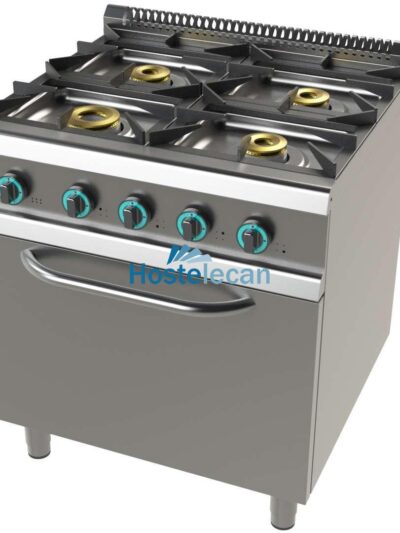 Cocina a gas con horno GN2/1 de 4 fuegos 4,5+8+2x6Kw Serie 900 JUNEX con medidas 800x900x900h mm 9401/3