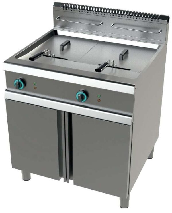 Freidora a gas 2 cuba limpia de 21+21 litros con 19+19Kw Serie 900 JUNEX con medidas 800x900x900h mm FG9C221