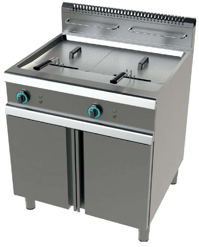 Freidora a gas 2 cuba limpia de 21+21 litros con 19+19Kw Serie 900 JUNEX con medidas 800x900x900h mm FG9C221
