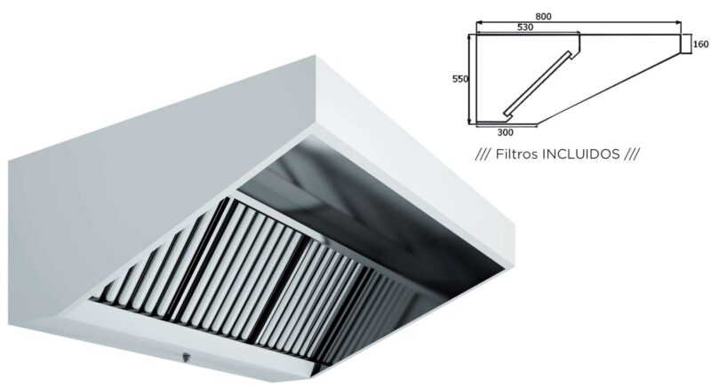 Campana Mural Snack Techo Bajo Elevado Fondo 800 SIN TURBINA de 1500x800x550h mm AVEIRO A15080CMB Campana Mural Snack Techo Bajo Elevado Fondo 800 SIN TURBINA de 1500x800x550h mm AVEIRO A15080CMB